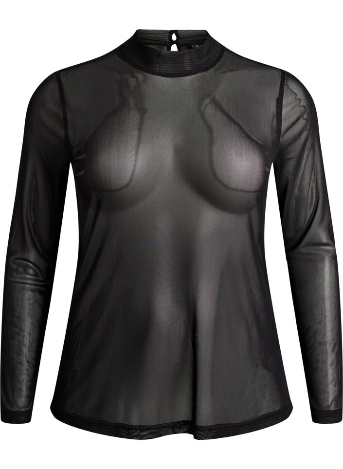 T&aelig;tsiddende meshbluse med lange &aelig;rmer, Sort, Packshot