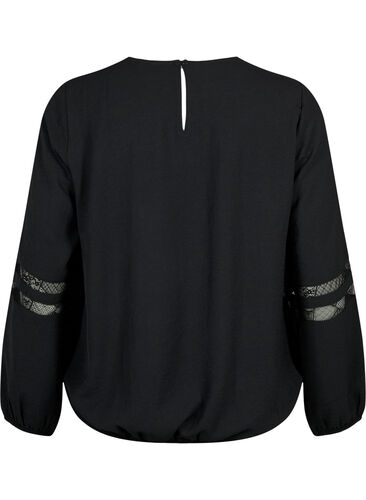 Langærmet bluse med blonder, Black, Packshot image number 1