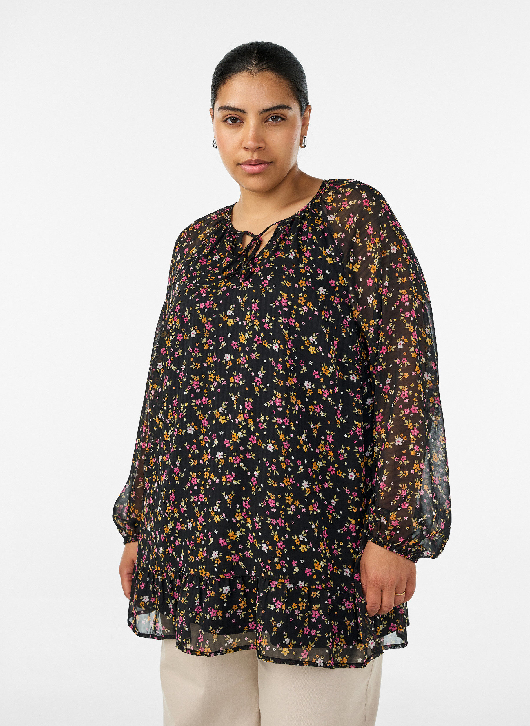 ZizziTunika med blomsterprint og A-form, Sort, Model image number 0