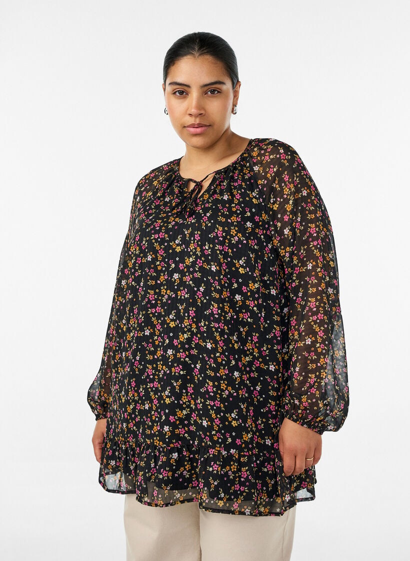 Tunika med blomsterprint og A-form, Sort, Model image number 0