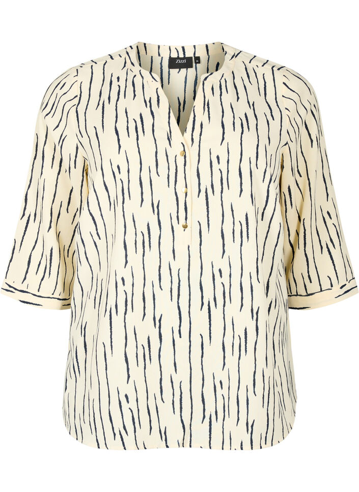 Bluse med 3/4 ærmer og print, Off White Stripe, Packshot image number 0