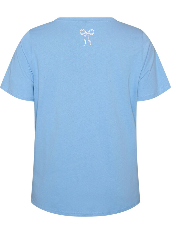 T-shirt i bomuld med V-udsk&aelig;ring og frontprint, Bl&aring;, Packshot image number 1