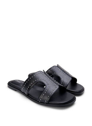 Flade slip-in sandaler med bred pasform og nitter, Black, Packshot image number 1