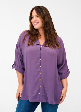 Viskose skjorte med 3/4 ærmer, Vintage Violet, Model image number 0