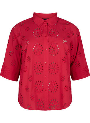 Skjortebluse med broderi anglaise og 3/4 ærmer, Tango Red, Packshot image number 0