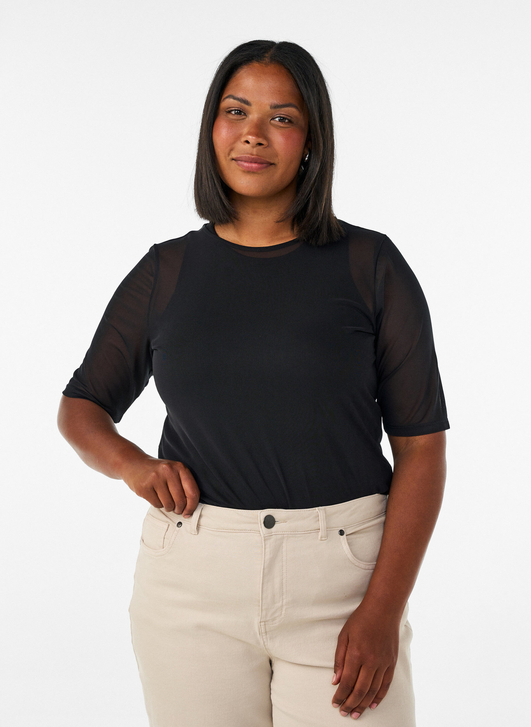 Meshbluse med korte &aelig;rmer og rund hals, Sort, Model