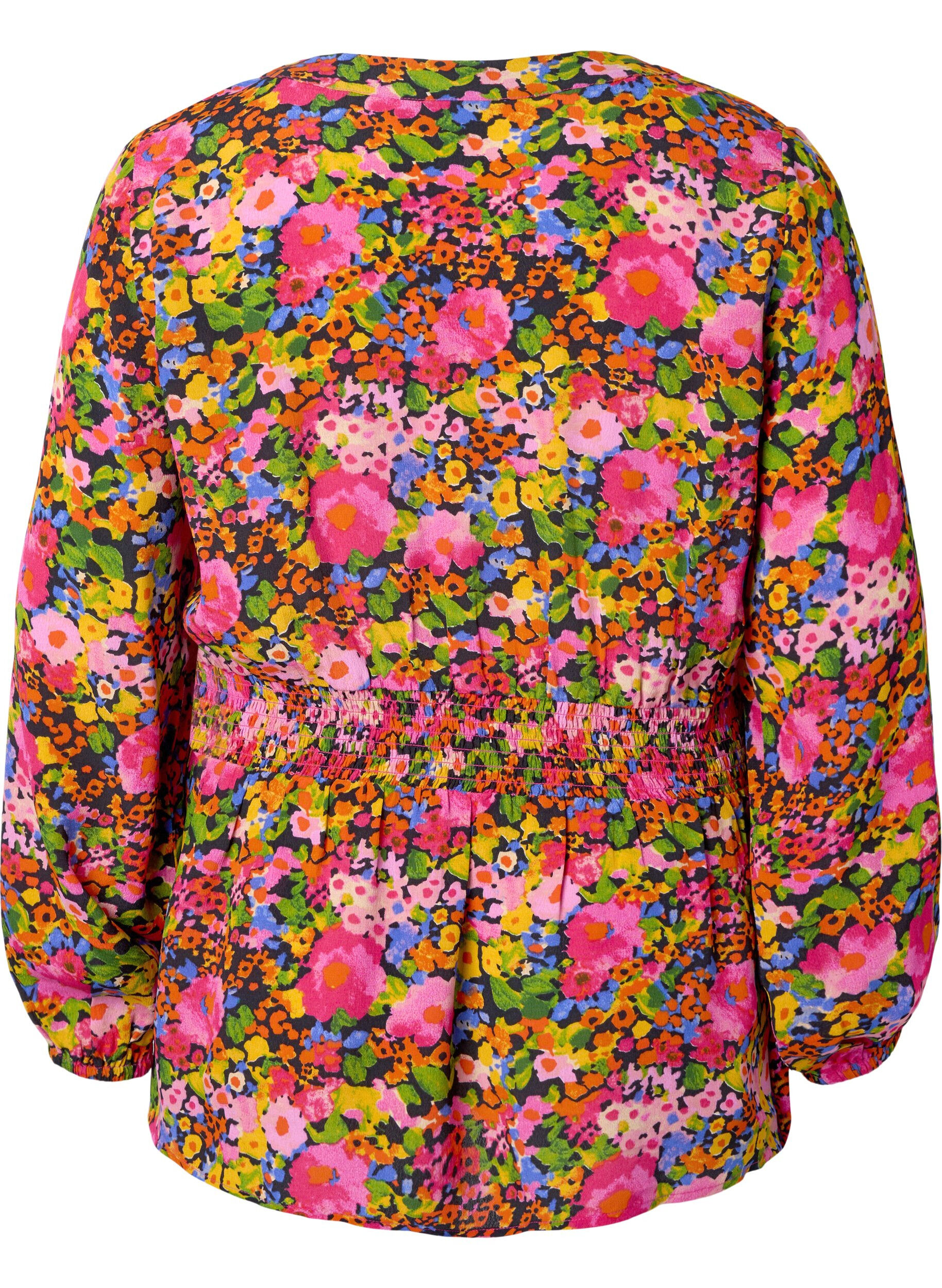 Zizzi Viskosebluse med blomsterprint og smock, Neon Flower Print, Packshot image number 1