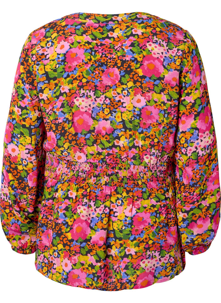 Viskosebluse med blomsterprint og smock, Neon Flower Print, Packshot image number 1