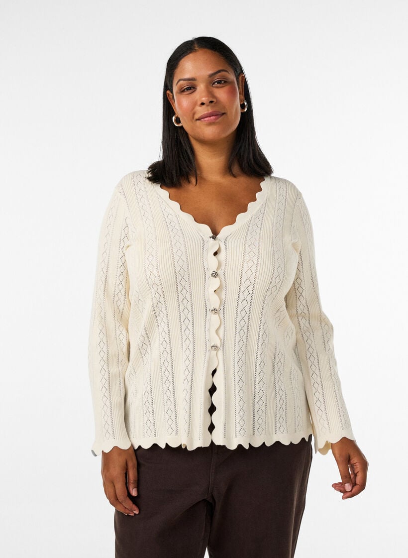 Cardigan med hulm&oslash;nster og b&oslash;lgede kanter, Vanilla, Model image number 0