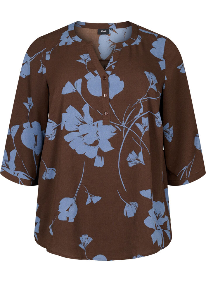 Blomstret bluse med 3/4 Brun - Str. - Zizzi