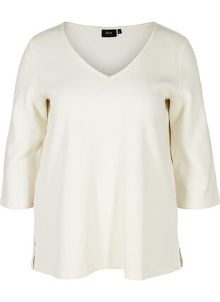 Bomulds bluse med v-hals og 3/4 ærmer, Marshmallow, Packshot image number 0
