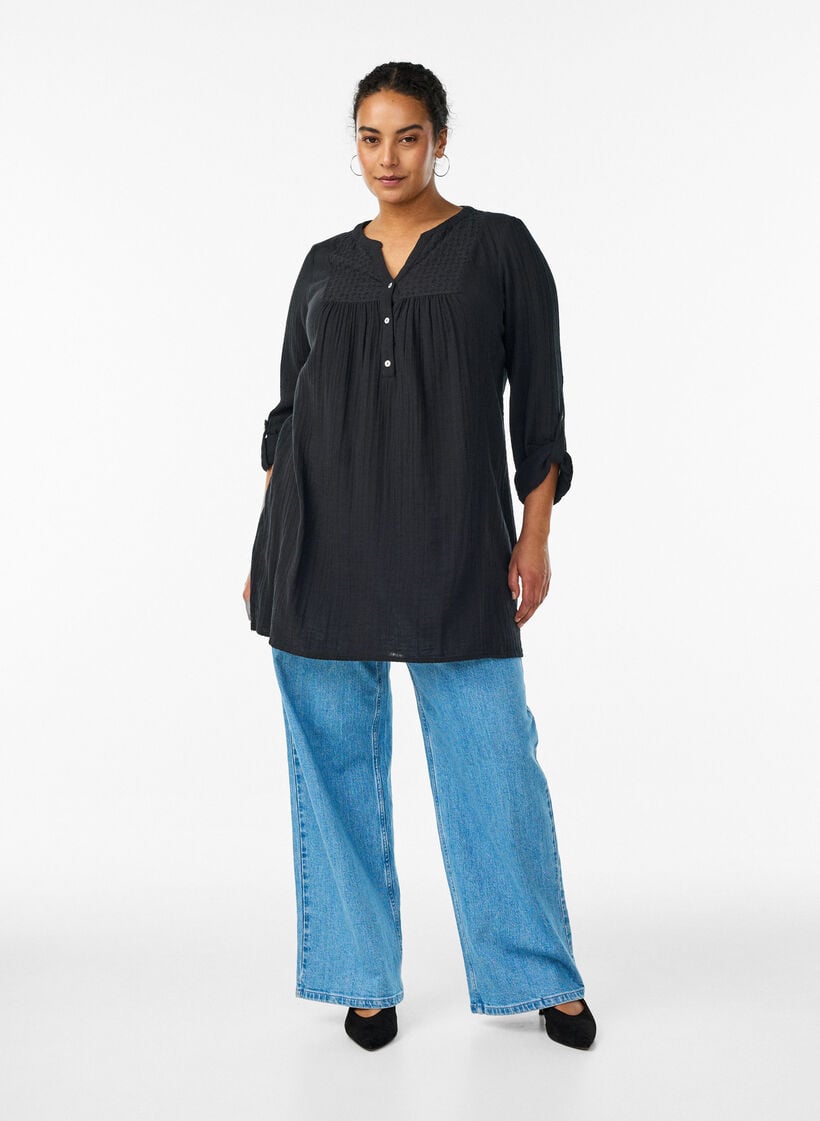 Tunika i bomuldsmusselin med broderi anglaise, Sort, Model image number 1