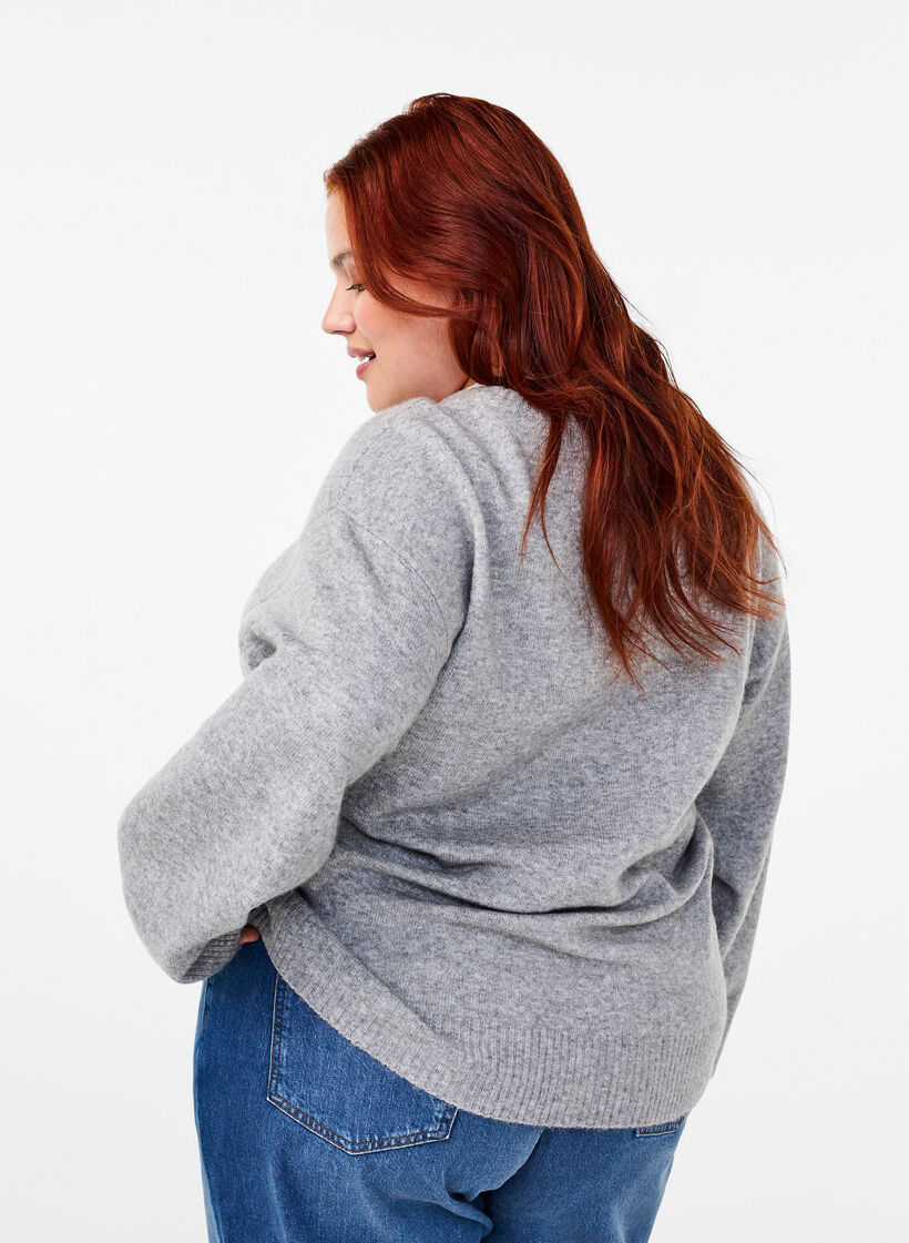 Strikbluse med rund hals og midtersøm, Light Grey Melange, Model image number 1