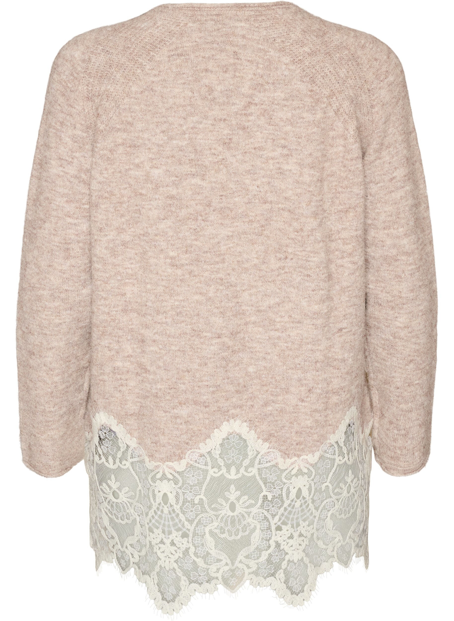ZizziStrikbluse med raglan&aelig;rmer og bred blondekant, Beige, Packshot image number 1