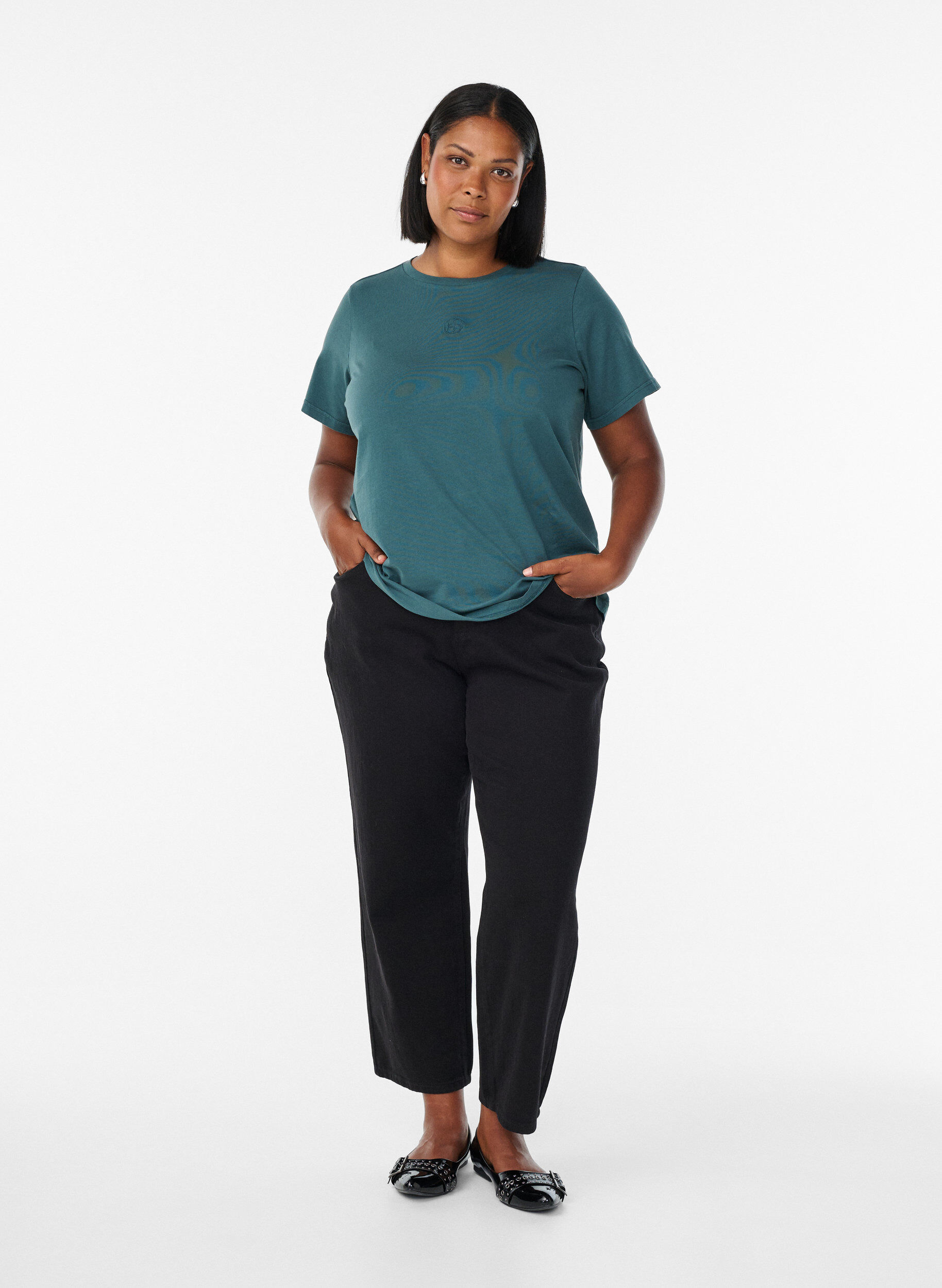 Zizzi T-shirt i &oslash;kologisk bomuld med vasket look, Bl&aring;, Model image number 1