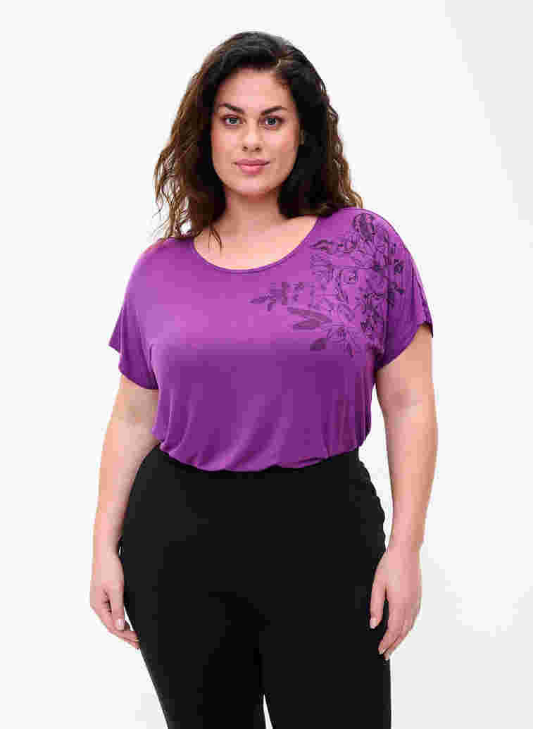 Kortærmet viskose t-shirt med blomsterprint, Grape Juice Flower, Model
