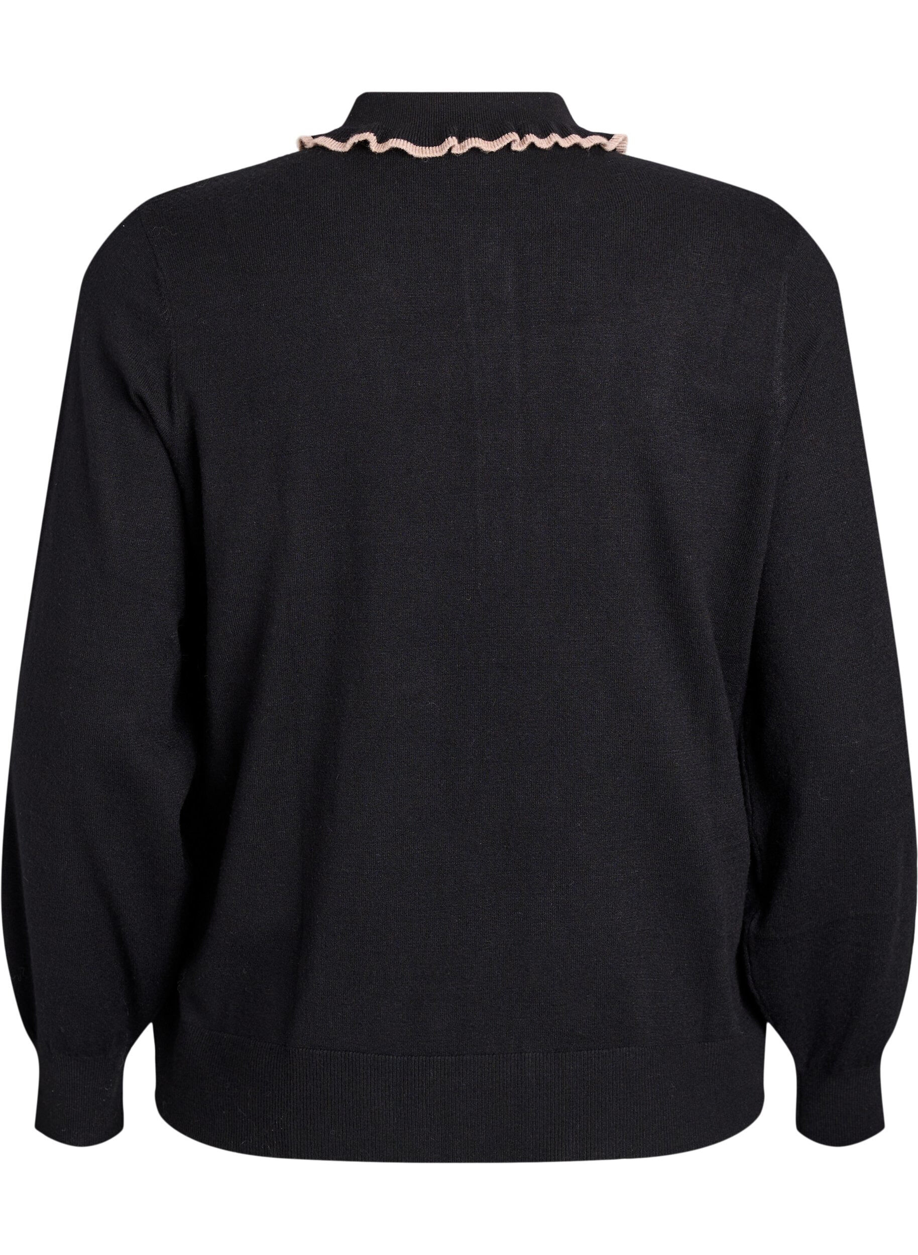 Zizzi Strikbluse med fl&aelig;sedekoreret polokrave, Sort, Packshot image number 1