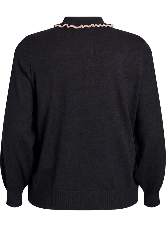 Strikbluse med flæsedekoreret polokrave, Sort, Packshot image number 1