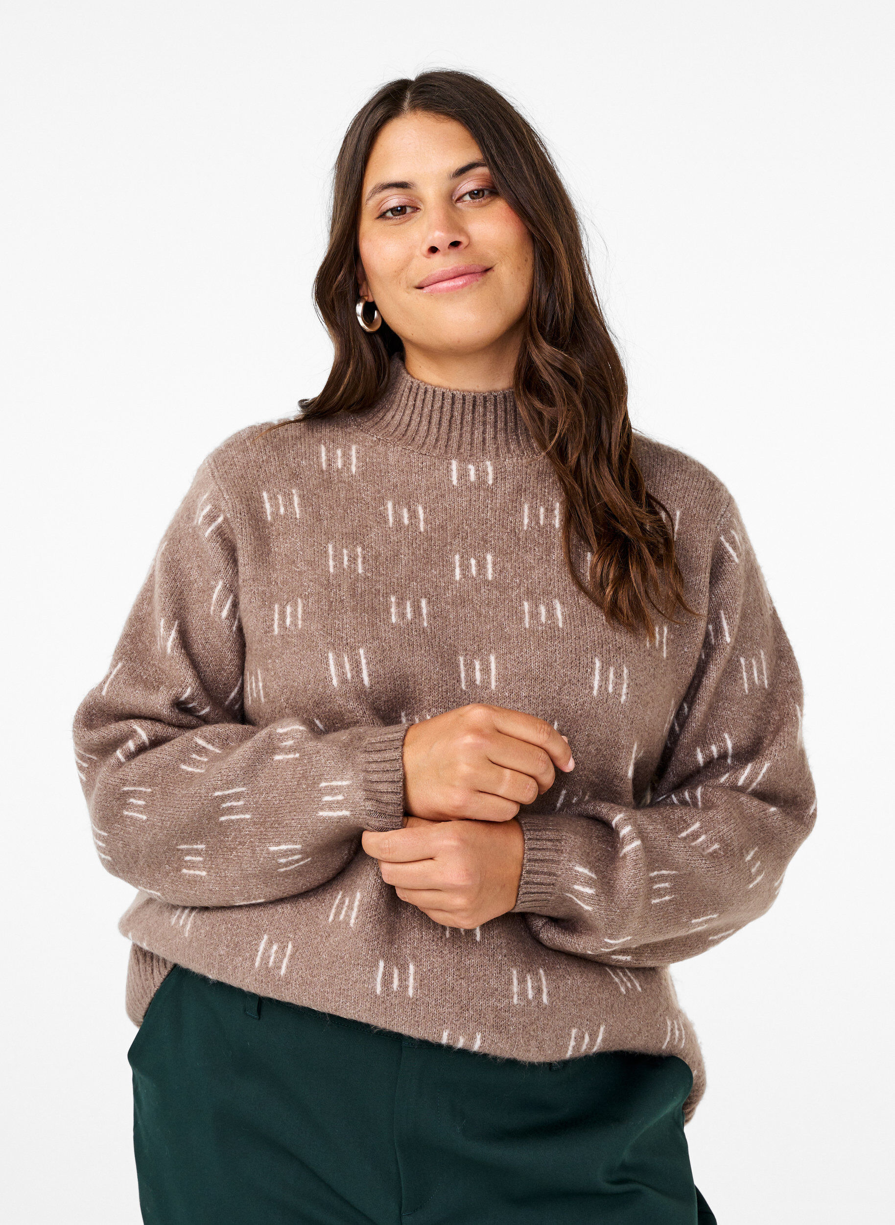 Zizzi Strikbluse med m&oslash;nster og h&oslash;j hals, Walnut Mel. Comb, Model image number 0