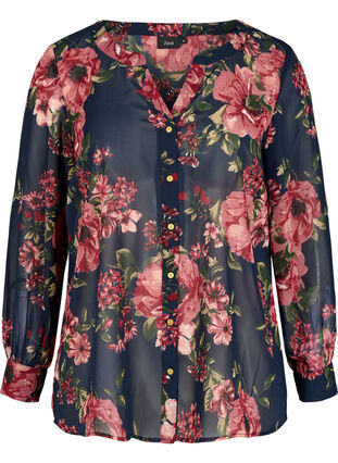 Skjorte med v-udskæring og blomsterprint, Blue Flower AOP, Packshot image number 0