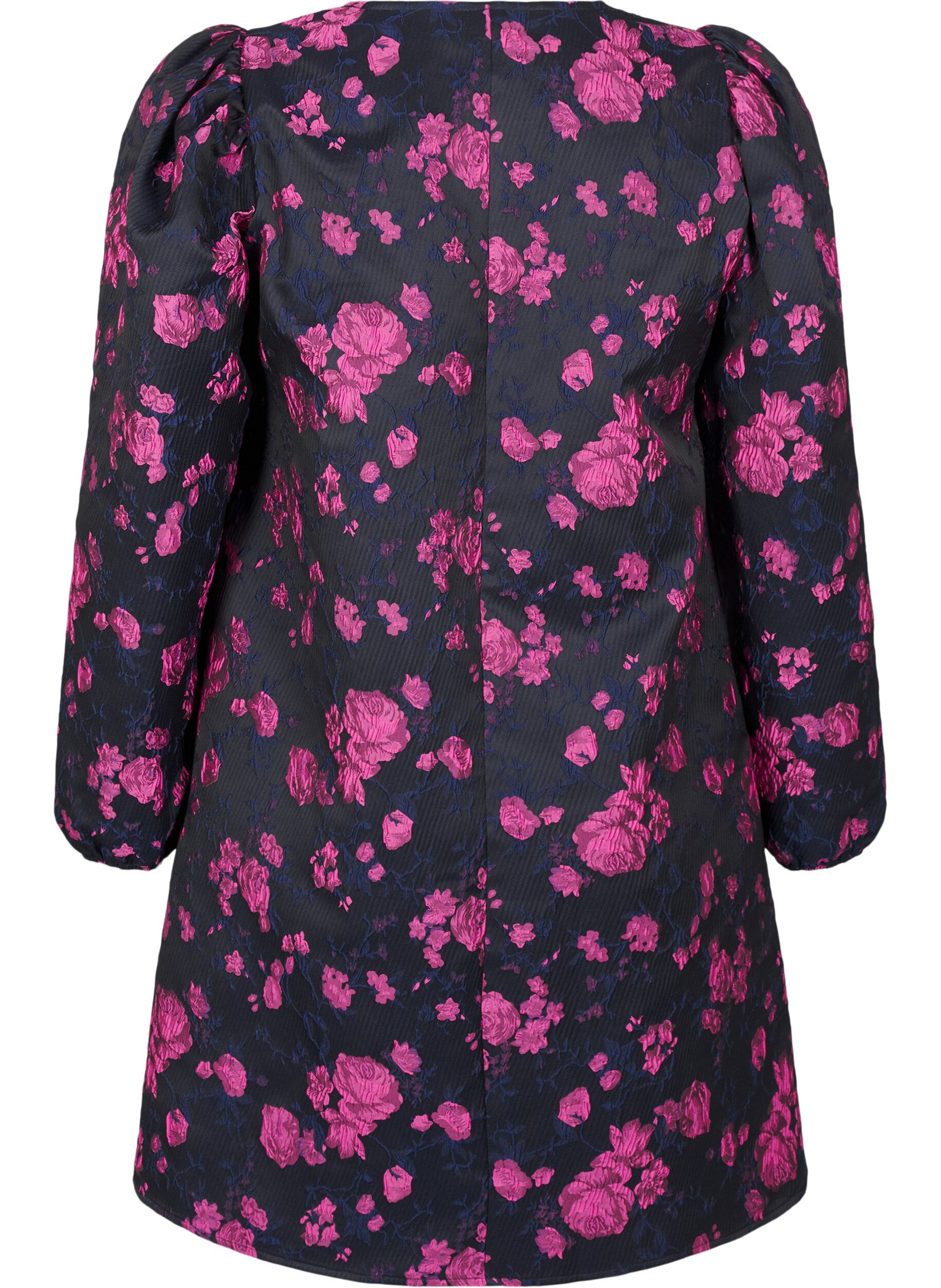 Zizzi Kort jacquard kjole med lange &aelig;rmer, Black w. Red Rose, Packshot image number 1