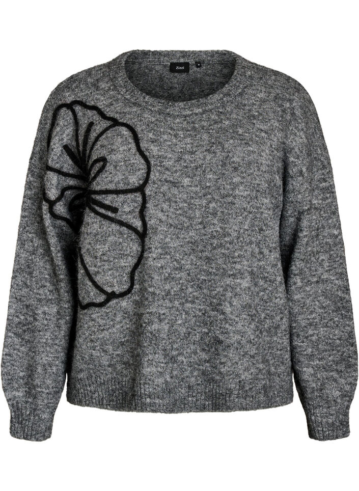 Strikbluse med blomsterapplikation, Gr&aring;, Packshot image number 0