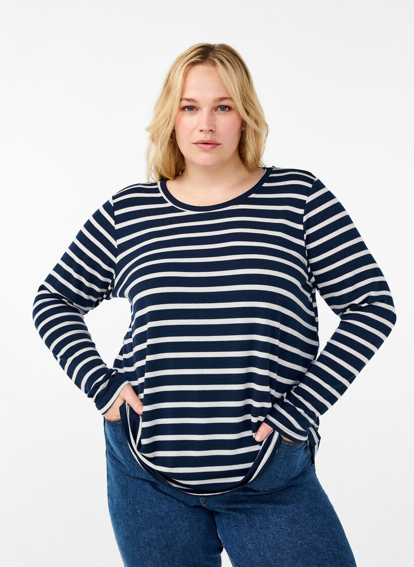 Langærmet bluse med striber, Evening Blue Stripe, Model image number 0