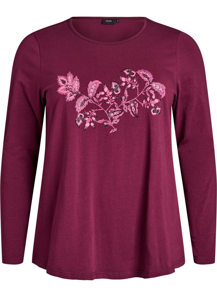 Natbluse i bomuld med frontmotiv, Mørk Bordeaux, Packshot image number 0