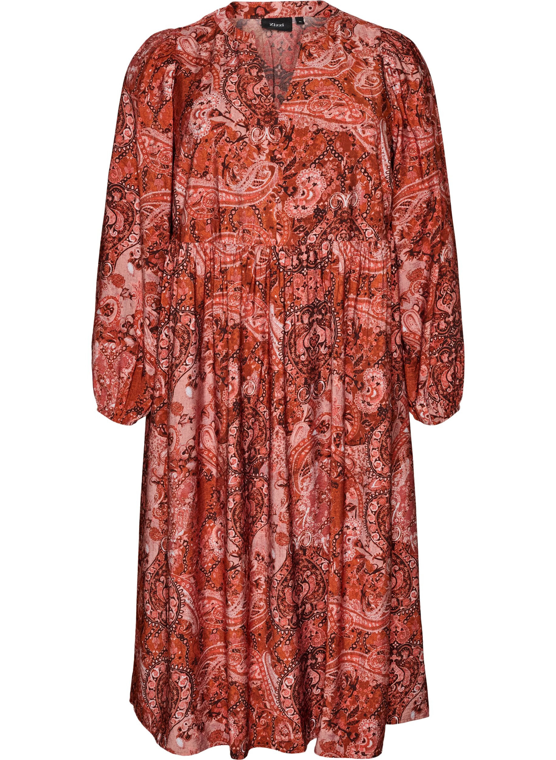ZizziMidikjole i viskose med paisleyprint, Orange, Packshot image number 0