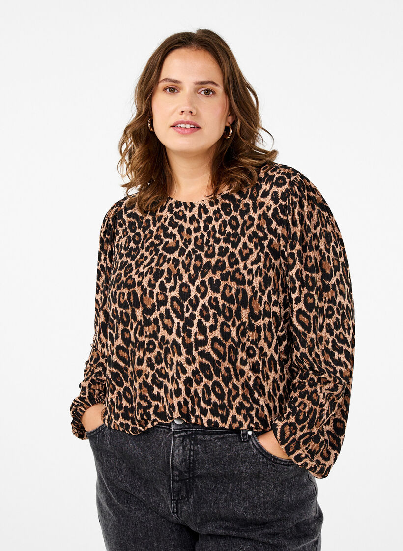 Bluse med lange &aelig;rmer og leoprint, Brun, Model image number 0