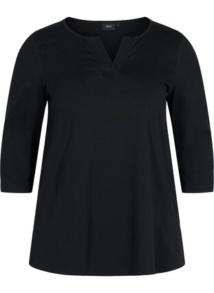 Ensfarvet bomulds bluse med 3/4 ærmer og slids, Black, Packshot image number 0