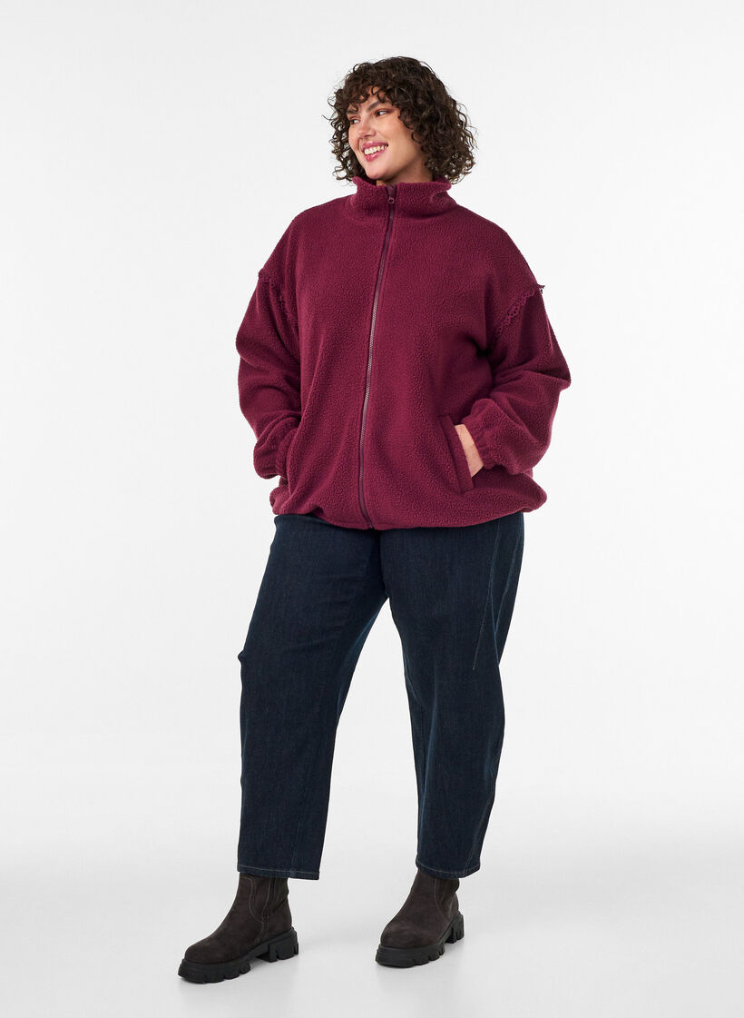 Teddyjakke med hulm&oslash;nsterb&aring;nd og h&oslash;j krave, R&oslash;d, Model image number 1