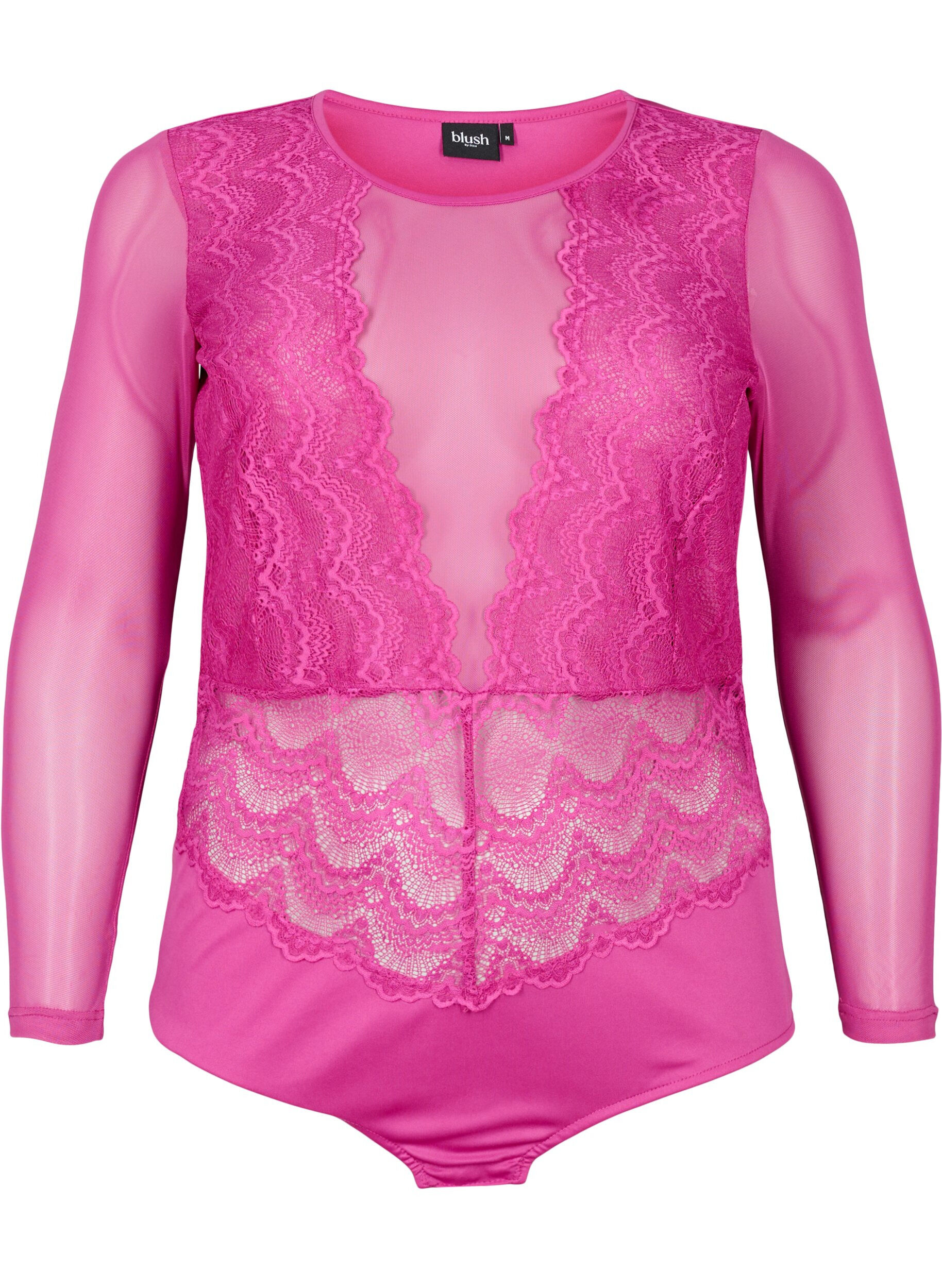 Zizzi Bodystocking med blonder og mesh, Fuchsia Red, Packshot image number 0