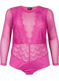 Bodystocking med blonder og mesh, Fuchsia Red