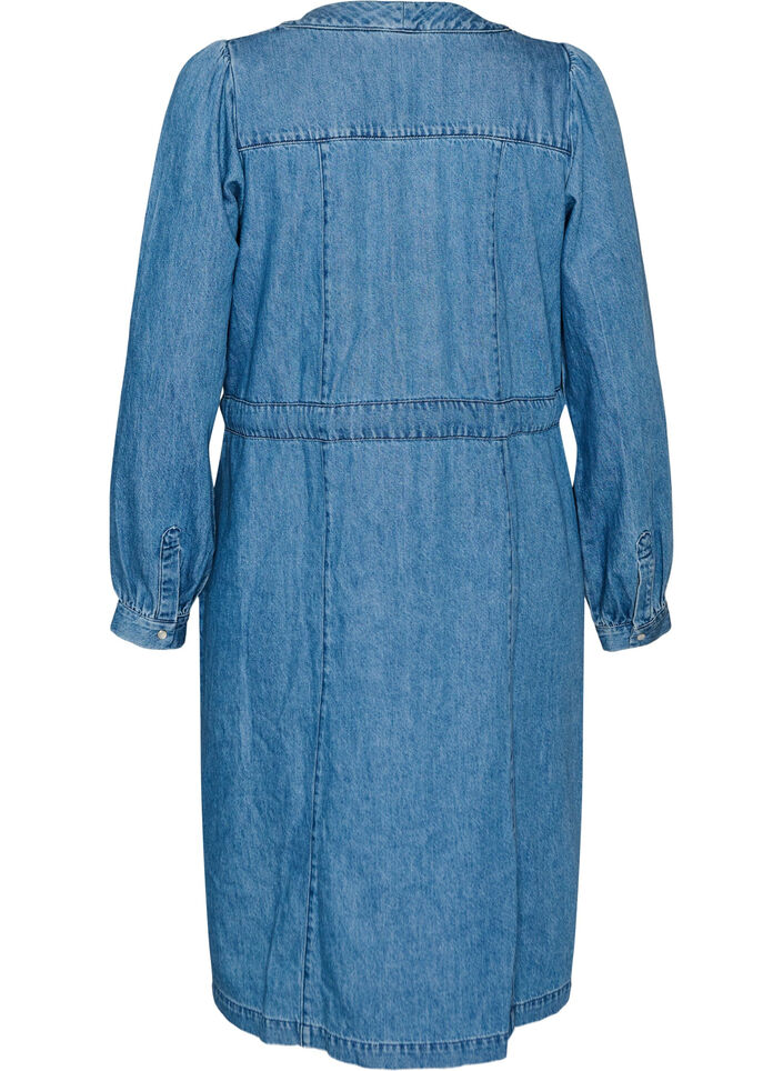 Denimkjole med V-udsk&aelig;ring og bindeb&aring;nd, Bl&aring;, Packshot image number 1