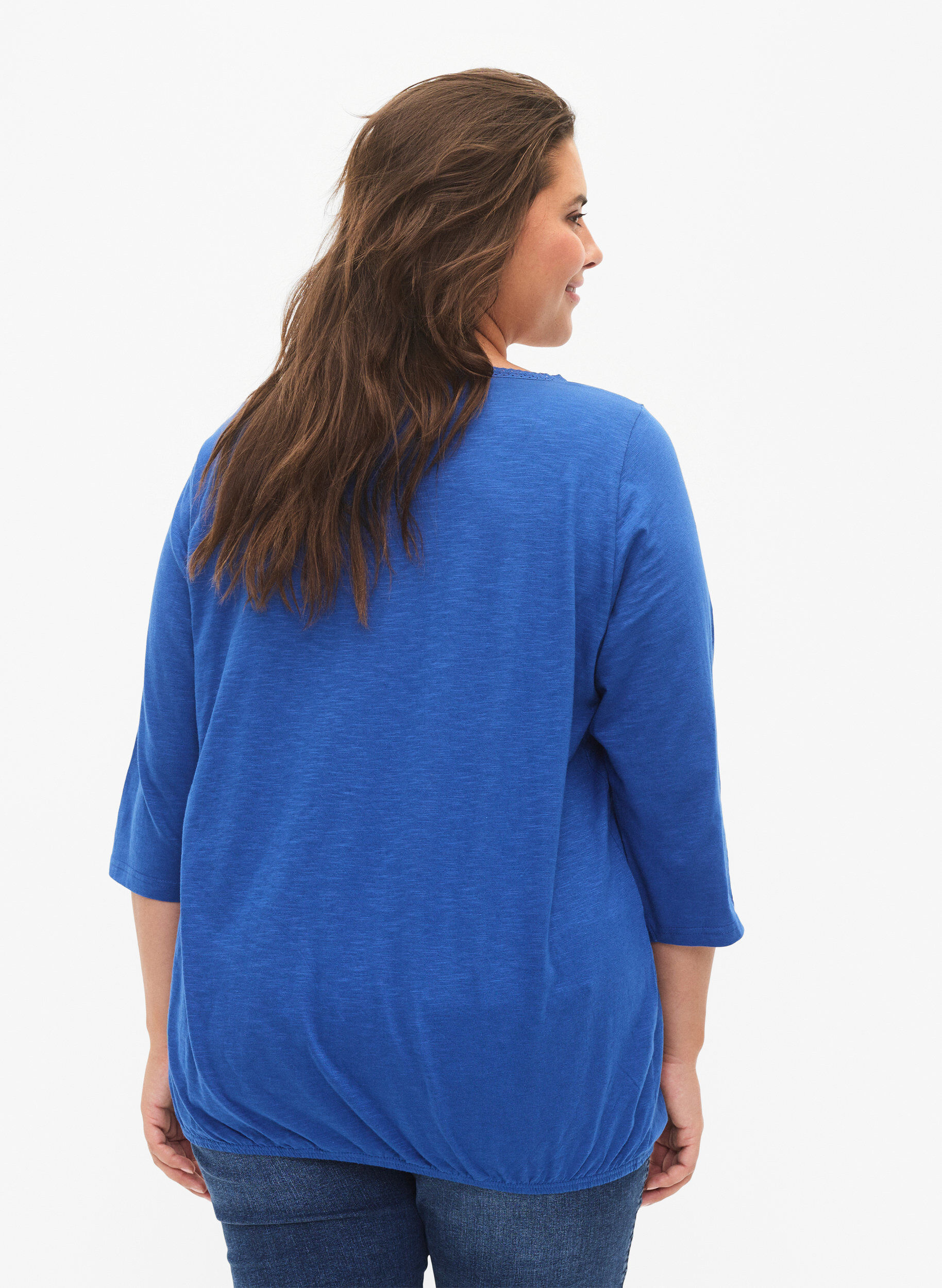 Zizzi Bomuldsbluse med 3/4 &aelig;rmer, Galaxy Blue, Model image number 1