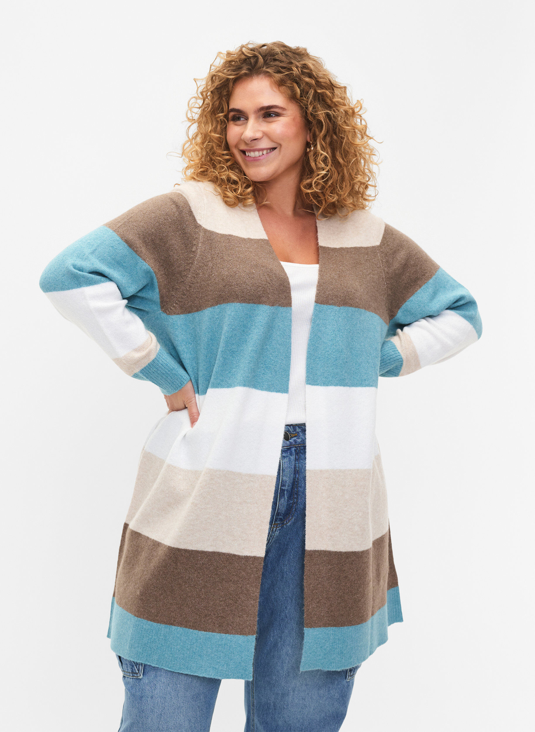 Zizzi Lang &aring;benst&aring;ende cardigan, Reef Waters Mel Comb, Model image number 0