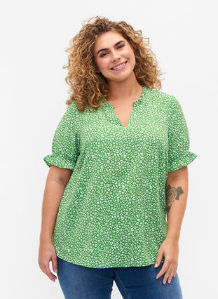 Kortærmet bluse med print , Green Ditsy, Model image number 0