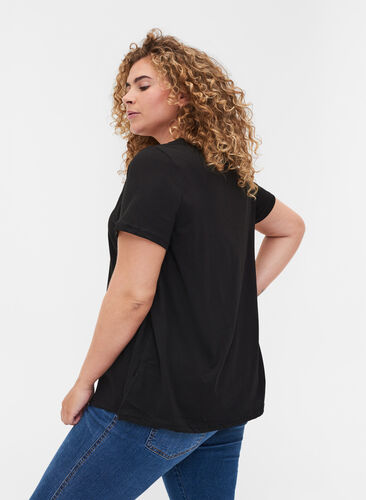 Bomulds t-shirt med a-form og tryk , Black, Model image number 1