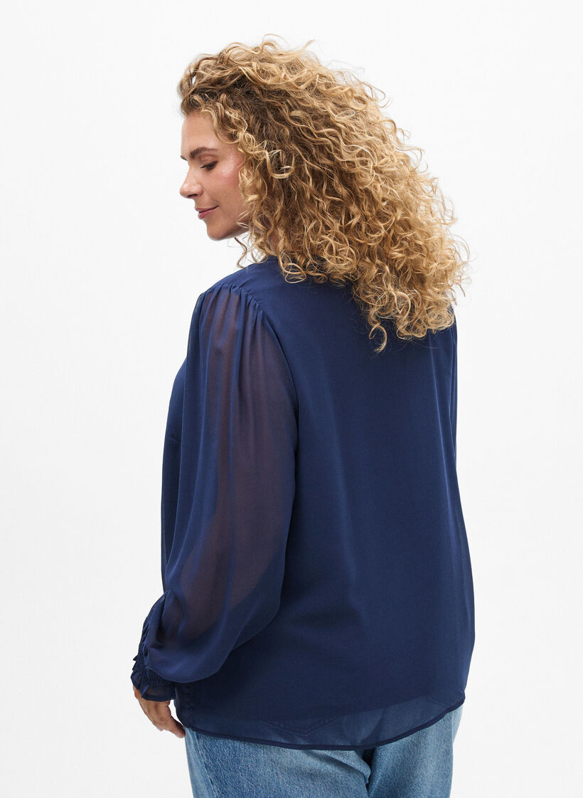 Bluse med transparente ærmer og smock, Blå, Model image number 2