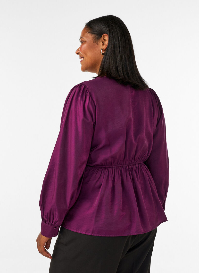 Glansfuld viskosebluse med peplum-effekt, Lilla, Model image number 2