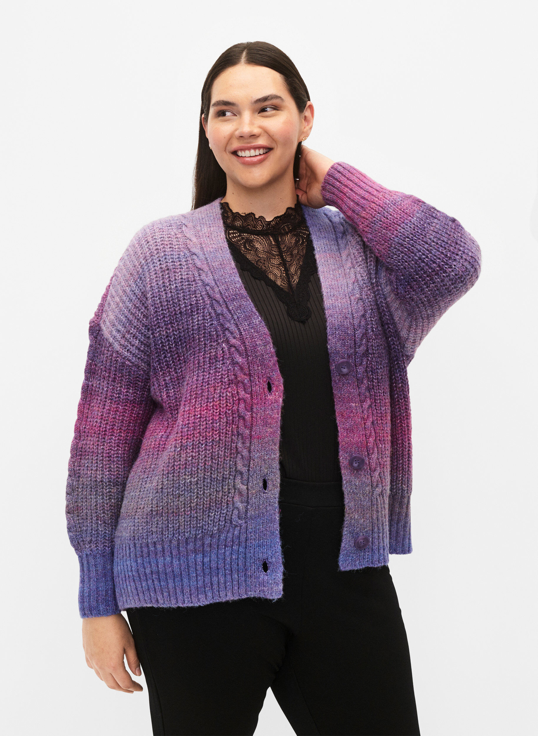 Zizzi Meleret strik cardigan med knapper, Pansy Mel. Comb, Model image number 0