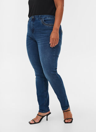 Nille jeans med høj talje og nitter, Medium Blue denim, Model image number 3