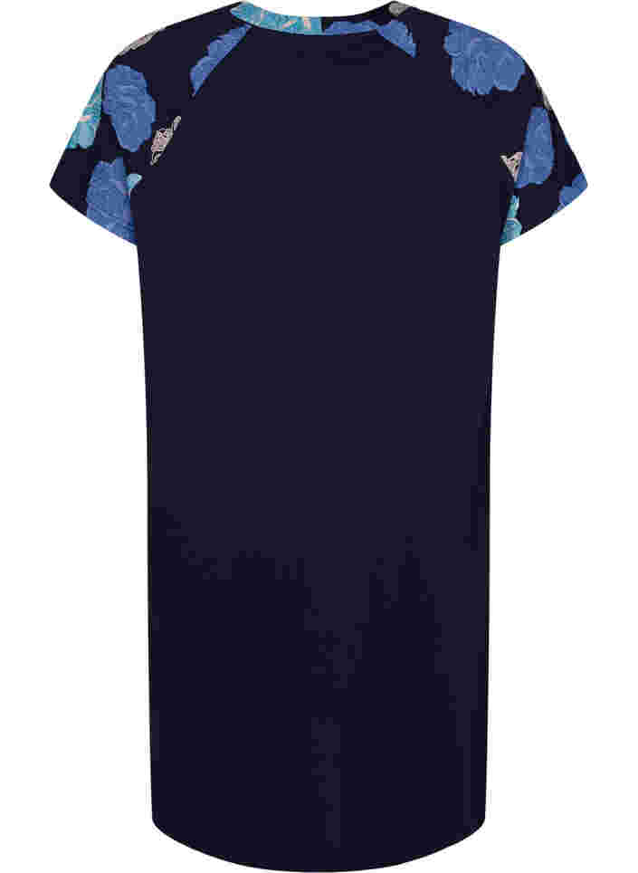 Kortærmet bomulds natkjole med printdetaljer, Blue Flower, Packshot image number 1