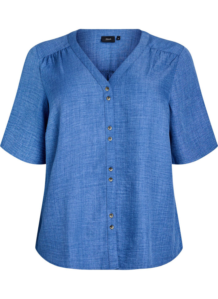 Skjortebluse med v-hals og korte &aelig;rmer, Bl&aring;, Packshot image number 0