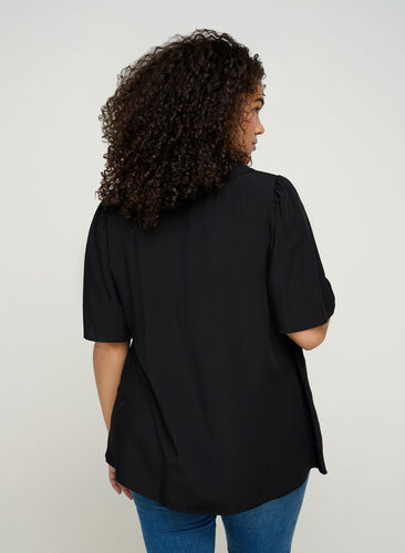 Viskose bluse med v-udskæring og krave, Black, Model image number 1