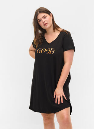 Kortærmet bomulds natkjole med print, Black GOOD, Model image number 0