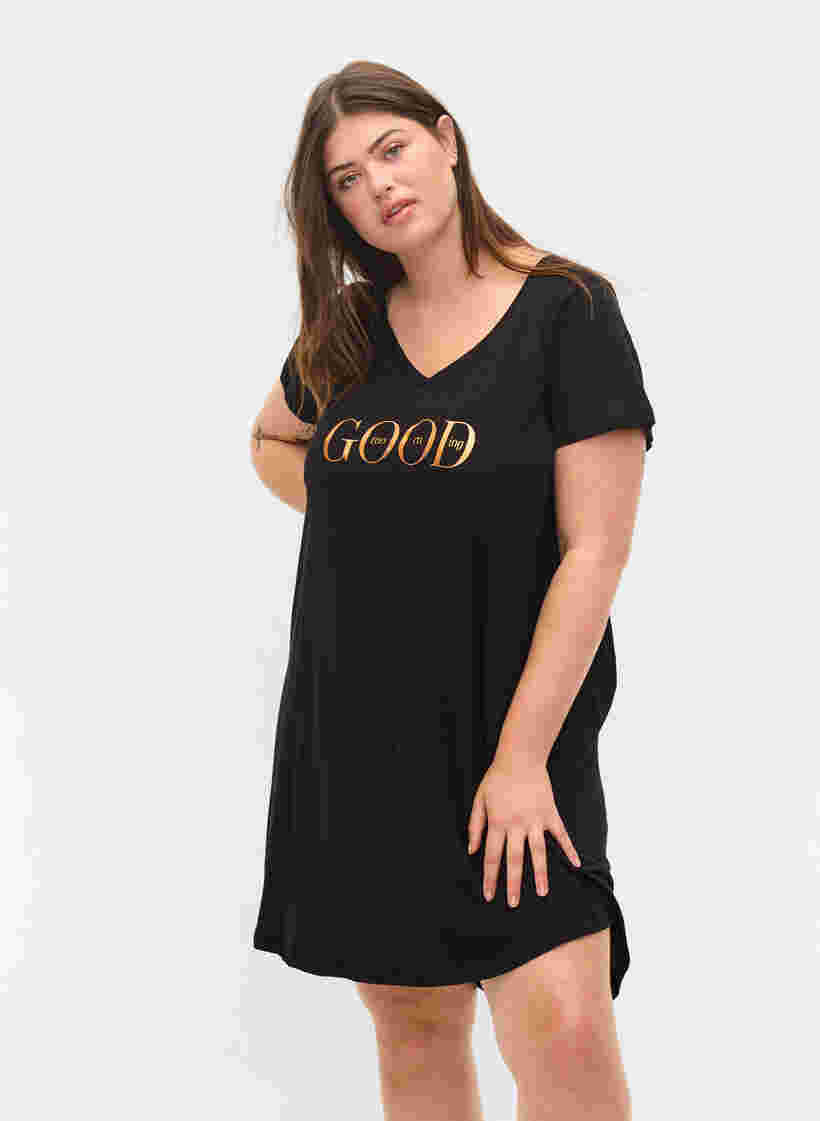 Kortærmet bomulds natkjole med print, Black GOOD, Model image number 0