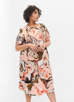 Printet viskose kjole med smock, Abstract AOP, Model image number 0