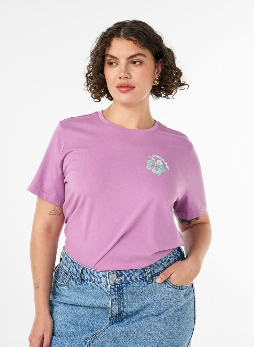 T-shirt i &oslash;kologisk bomuld med rygprint, Lyser&oslash;d, Model image number 0